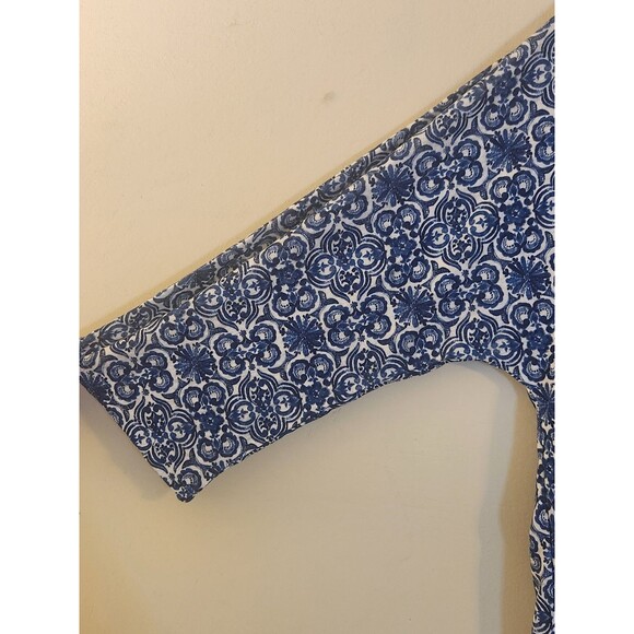 Chico's Size 2(12) Blue Geometric Design V-Neck 3/4‎ Sleeve Boho Tunic Top - Picture 4 of 9